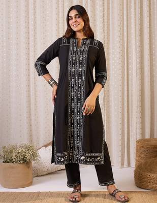 Black printed cotton kurta trouser set 4