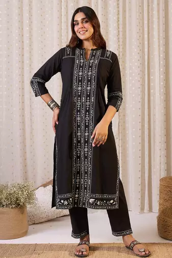 Black printed cotton kurta trouser set