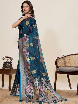 Teal ethnic motifs zari silk blend designer paithani saree 2