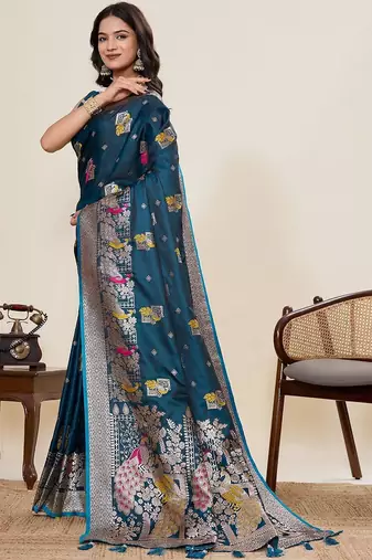 Teal ethnic motifs zari silk blend designer paithani saree