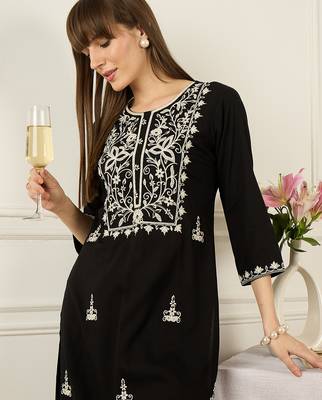 Black embroidered viscose rayon kurta trouser set 1