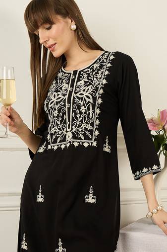 Black embroidered viscose rayon kurta trouser set