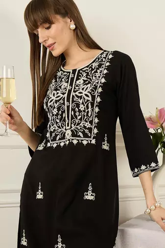 Black embroidered viscose rayon kurta trouser set