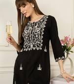 Black embroidered viscose rayon kurta trouser set