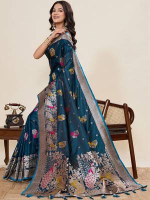 Teal ethnic motifs zari silk blend designer paithani saree 3