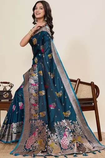 Teal ethnic motifs zari silk blend designer paithani saree