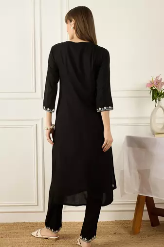 Black embroidered viscose rayon kurta trouser set