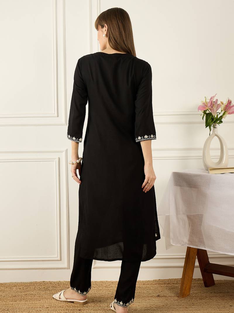 Black embroidered viscose rayon kurta trouser set