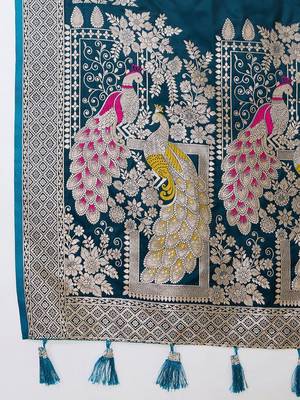 Teal ethnic motifs zari silk blend designer paithani saree 4