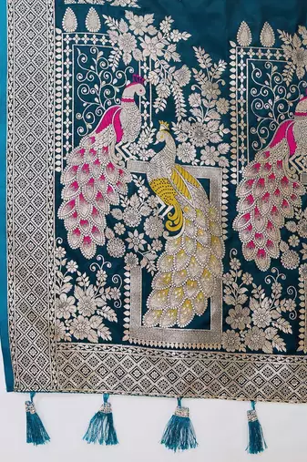Teal ethnic motifs zari silk blend designer paithani saree