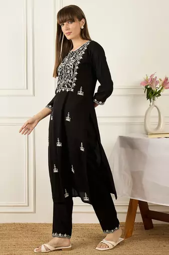 Black embroidered viscose rayon kurta trouser set