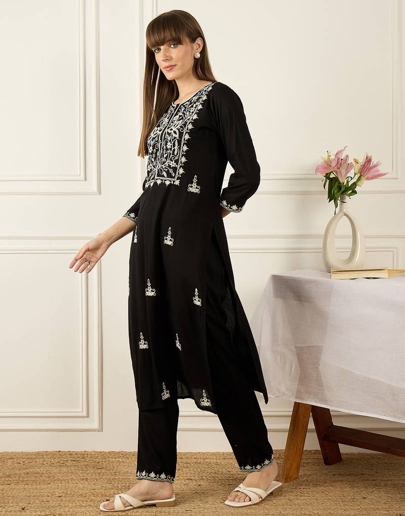 Black embroidered viscose rayon kurta trouser set