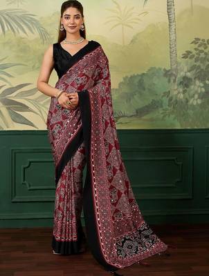 Maroon bandhani mirror work silk blend fusion saree 1