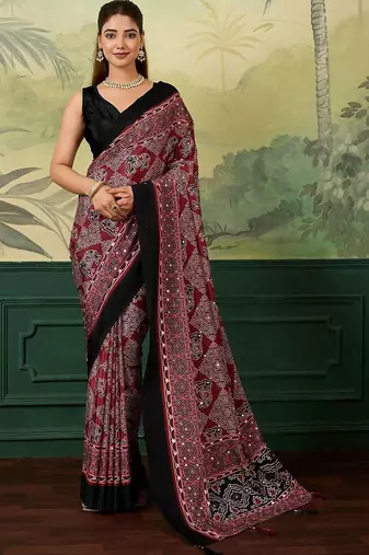 Maroon bandhani mirror work silk blend fusion saree