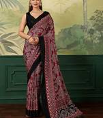 Maroon bandhani mirror work silk blend fusion saree