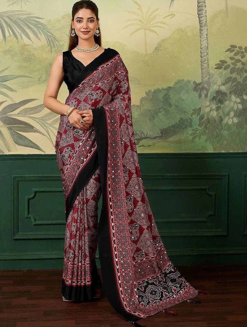 Maroon bandhani mirror work silk blend fusion saree