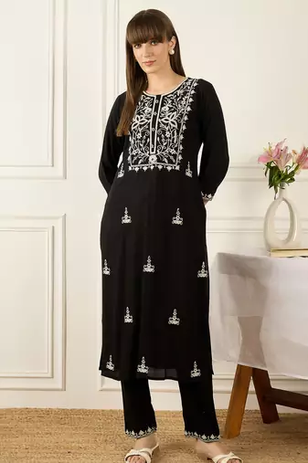 Black embroidered viscose rayon kurta trouser set