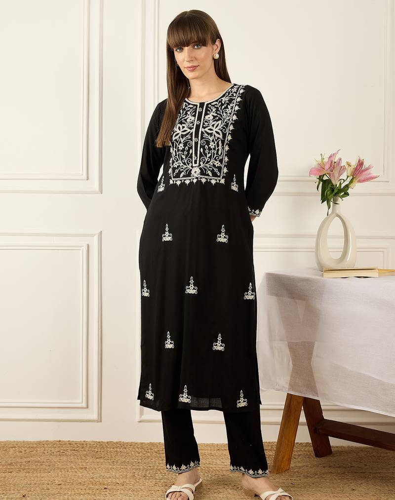 Black embroidered viscose rayon kurta trouser set