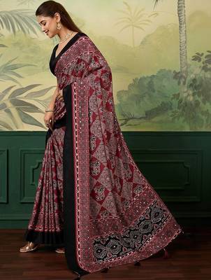 Maroon bandhani mirror work silk blend fusion saree 2