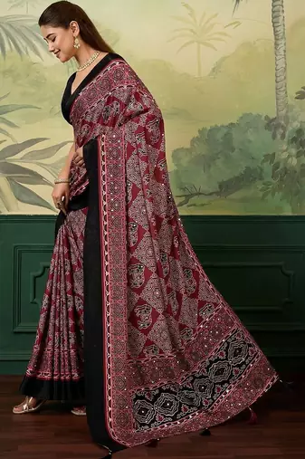 Maroon bandhani mirror work silk blend fusion saree