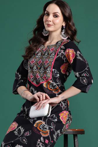 Black printed cotton kurta trouser set