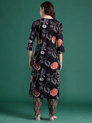 Black printed cotton kurta trouser set 2