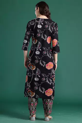 Black printed cotton kurta trouser set