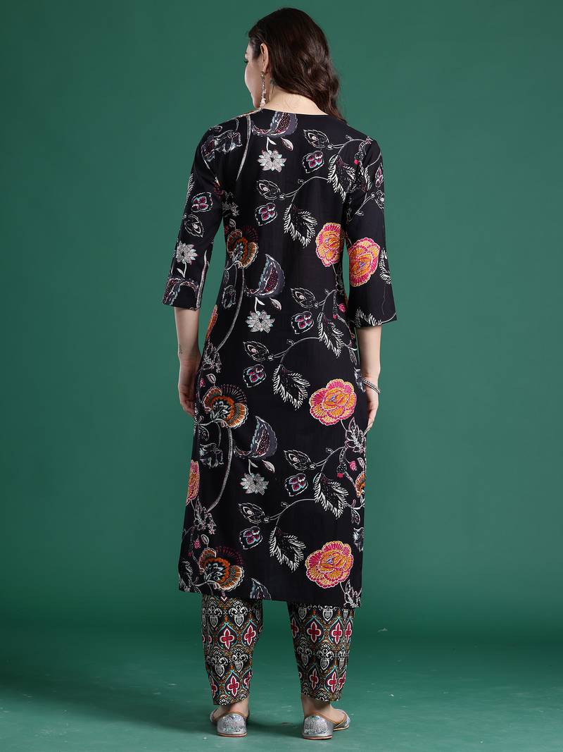 Black printed cotton kurta trouser set