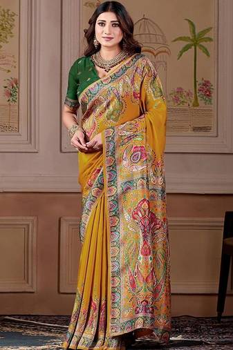 Mustard floral zari art silk designer banarasi saree