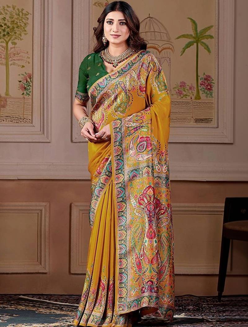 Mustard floral zari art silk designer banarasi saree