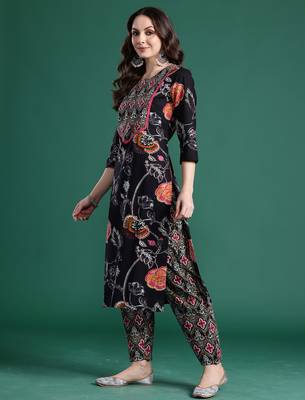 Black printed cotton kurta trouser set 3