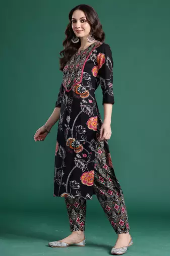 Black printed cotton kurta trouser set