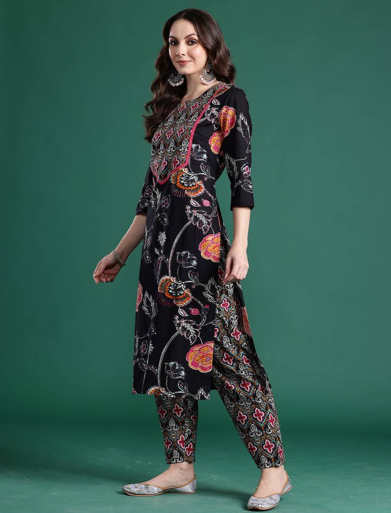 Black printed cotton kurta trouser set