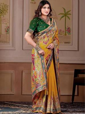 Mustard floral zari art silk designer banarasi saree 3