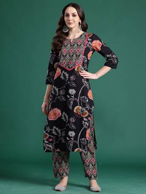 Black printed cotton kurta trouser set 4