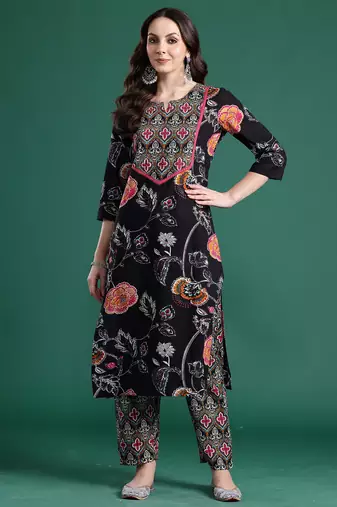 Black printed cotton kurta trouser set