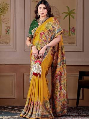 Mustard floral zari art silk designer banarasi saree 5