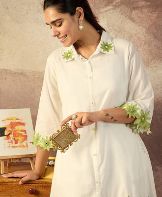 White embroidered cotton kurta trouser set 1
