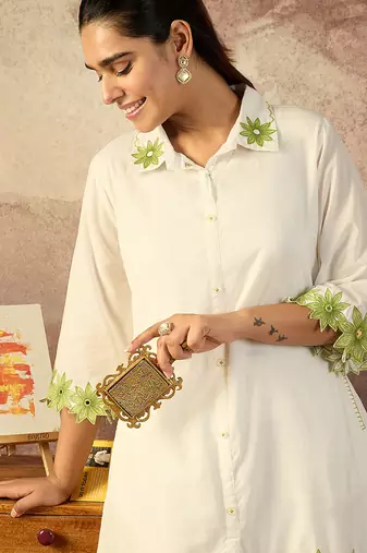 White embroidered cotton kurta trouser set
