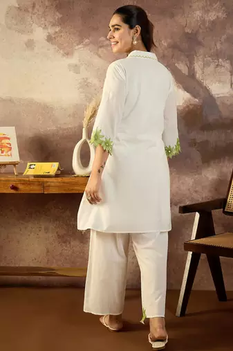 White embroidered cotton kurta trouser set