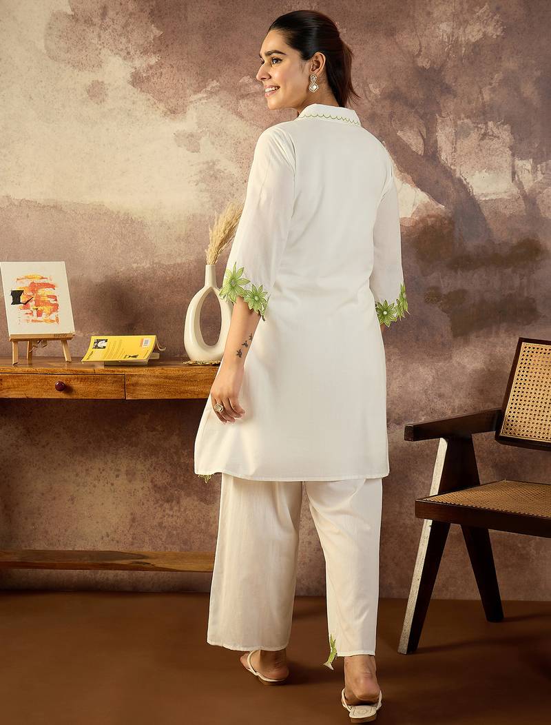 White embroidered cotton kurta trouser set