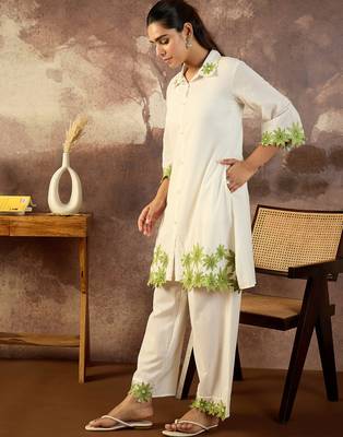 White embroidered cotton kurta trouser set 3