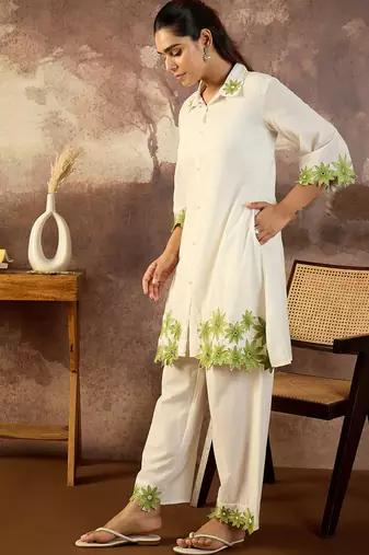 White embroidered cotton kurta trouser set