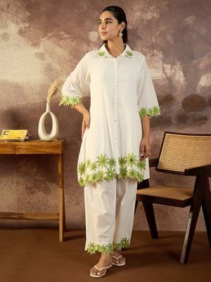 White embroidered cotton kurta trouser set 4