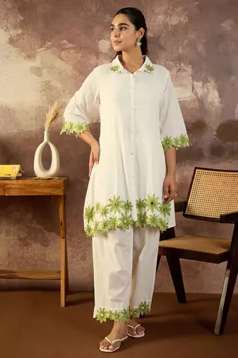White embroidered cotton kurta trouser set