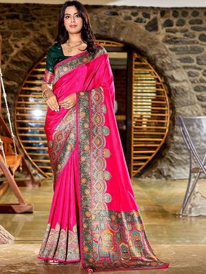 Pink kashmiri pashmina position printed saree with unstitched blouse piece 1