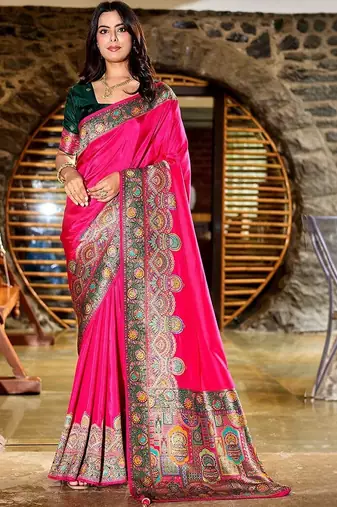 Pink kashmiri pashmina position printed saree with unstitched blouse piece