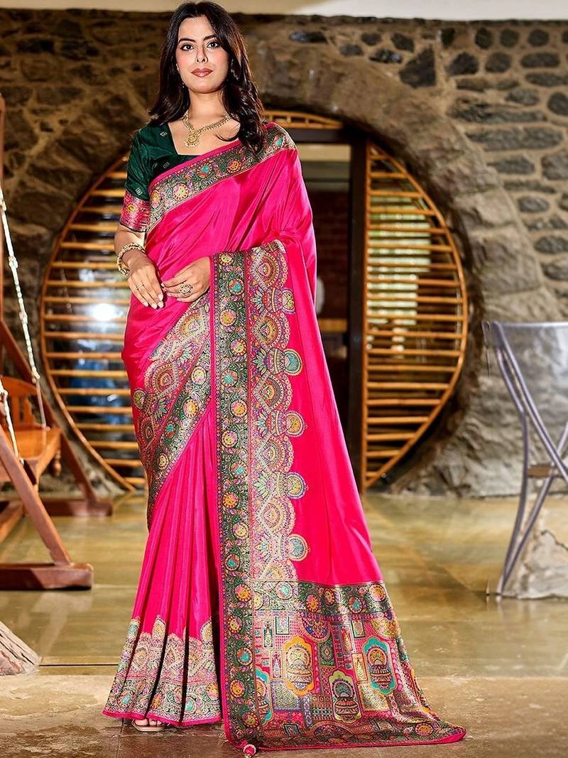 Pink kashmiri pashmina position printed saree with unstitched blouse piece