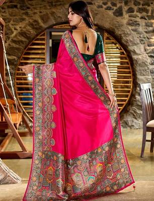 Pink kashmiri pashmina position printed saree with unstitched blouse piece 2