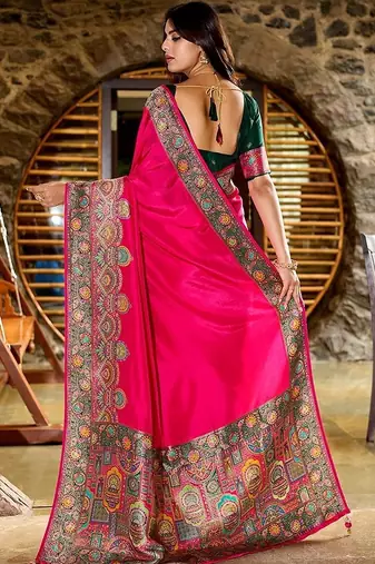 Pink kashmiri pashmina position printed saree with unstitched blouse piece